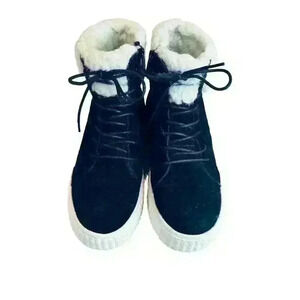 Religious Comfort Black Suede Platform Ankle Boots Faux Fur Lined size 8.